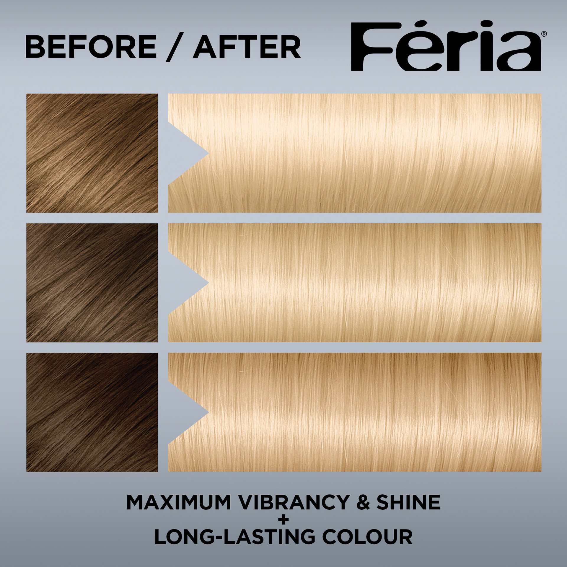 Hair before and after using Feria 11.21 Ultra Pearl Blonde